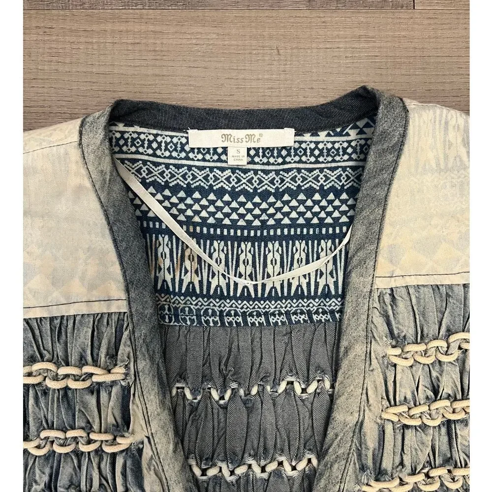 Vtg Indie Hippie Chambray Tie Vest Aztec Print